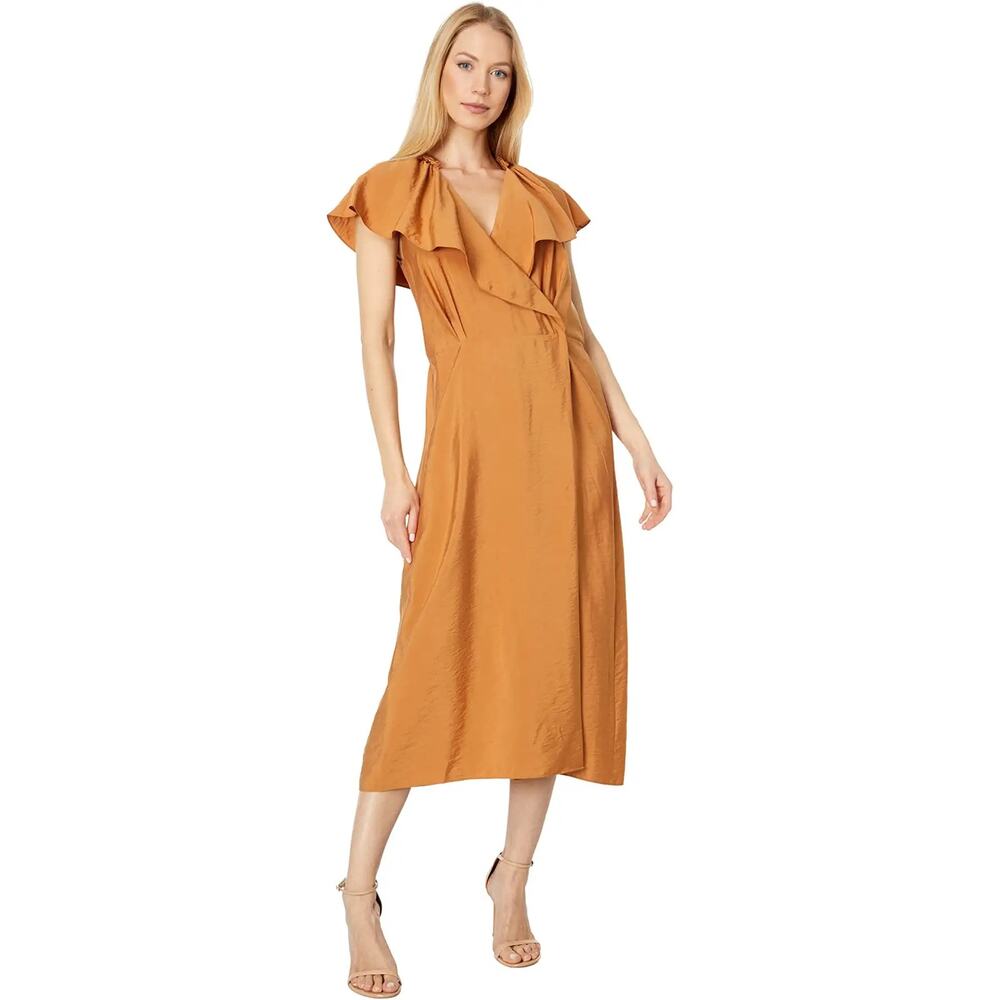Vince Camel‎ Tan Flutter Sleeve V-Neck Midi Wrap Dress Size Small NWT